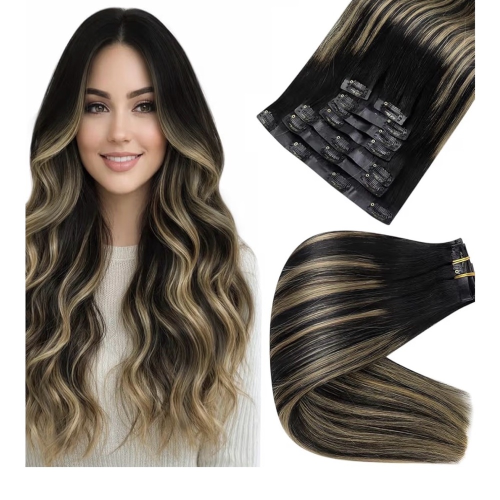 Full Shine Clip In Human Hair Extensions 1B/27/1B 22" 105G Black W/ Blonde Highl